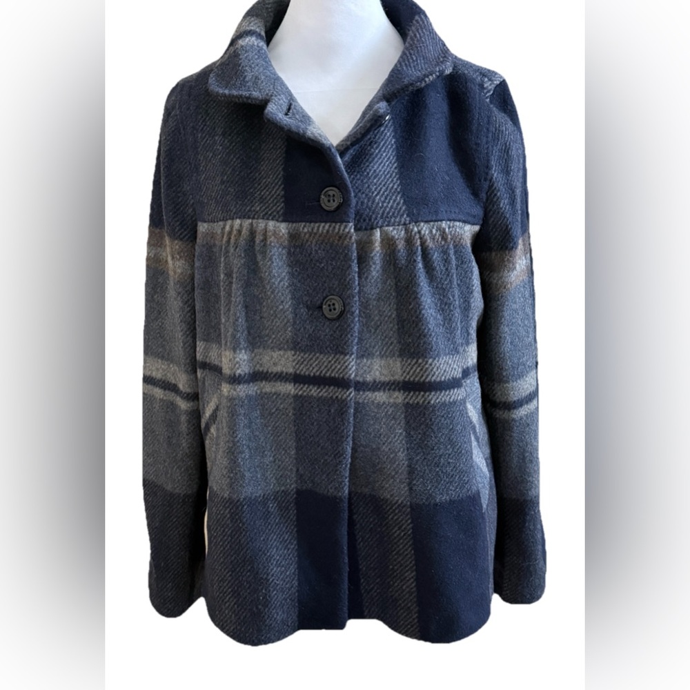 ZARA WOMAN Navy Blue + Gray Plaid Wool Blend Warm Pea Coat Jacket Small